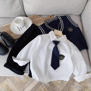 2025春秋季儿童英伦学院风领带白衬衫针织背心套装男中小童春装潮