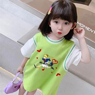 女童连衣裙夏装新装女宝宝中长款假两件篮球服宽松短袖T恤裙儿童