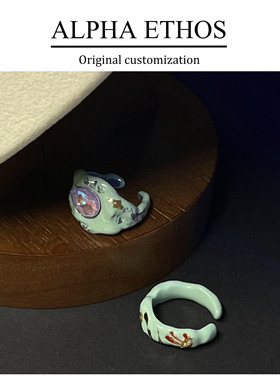 Alpha Ethos陶土手工戒指 绿色花花