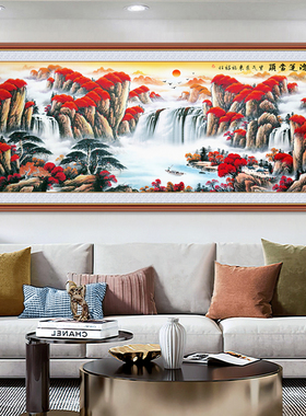 自粘壁画客厅装饰画中式流水生财国画防水墙贴沙发背景山水画贴纸