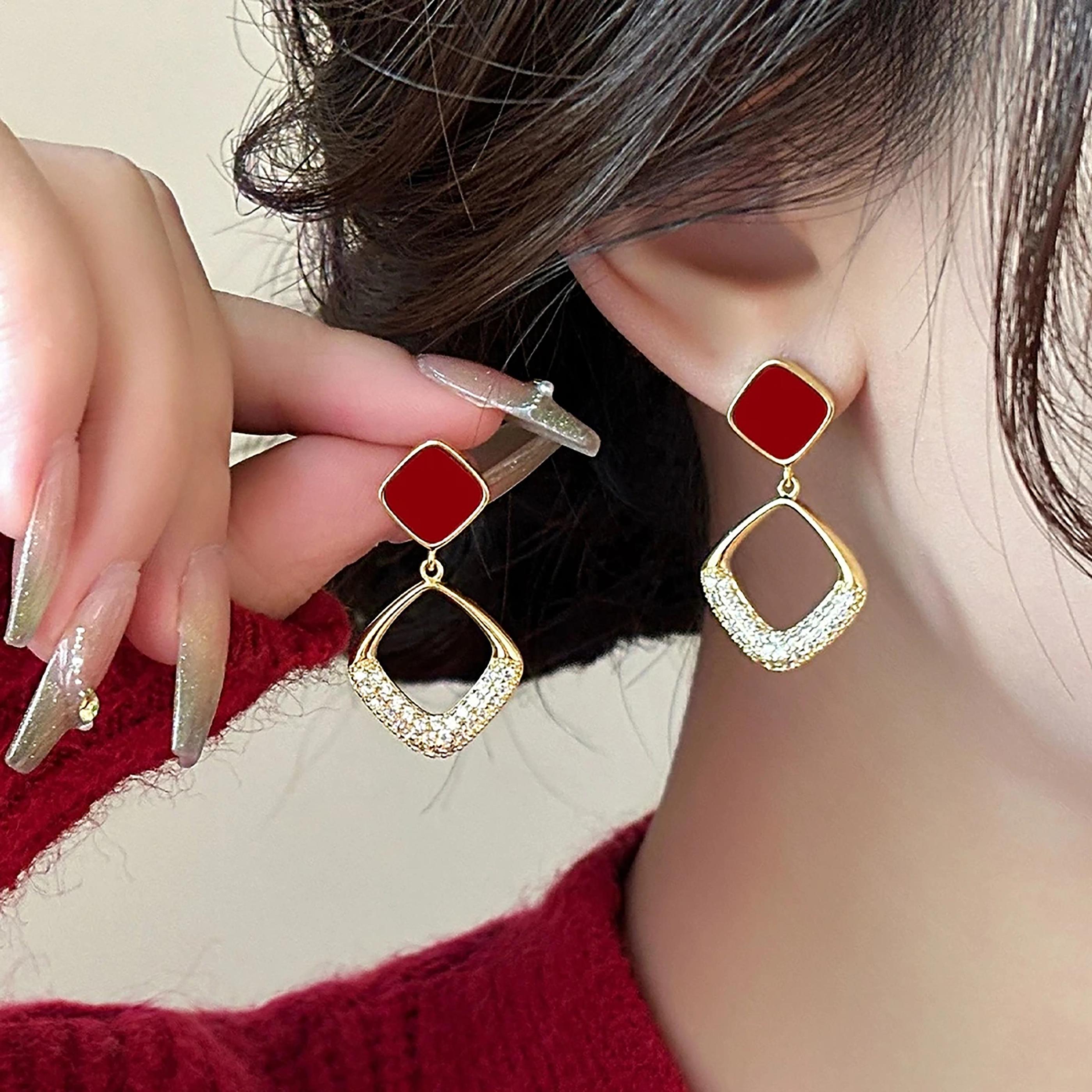 日韩红色几何镶钻耳环设计感耳饰