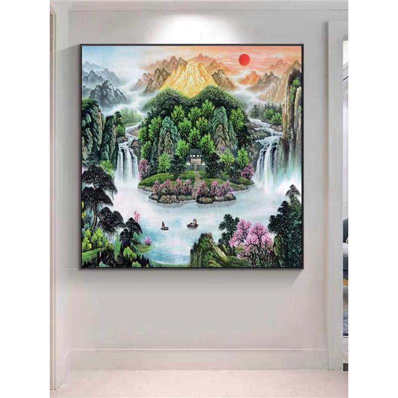 流水生财八方聚财鸿运当头挂画玄关聚宝盆招财旭日东升国画山水画