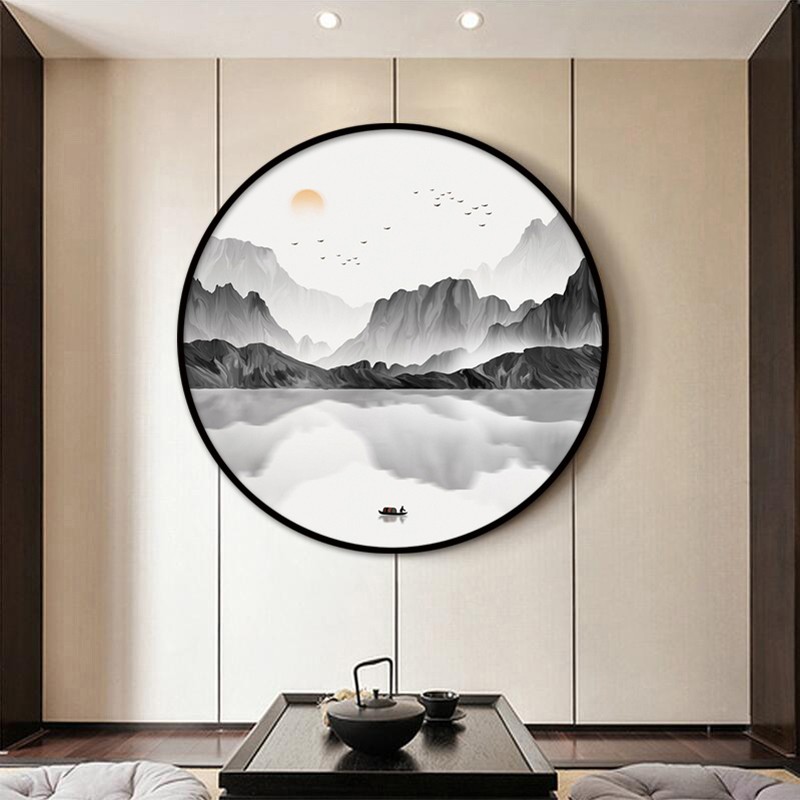 新中式圆形装饰画茶室玄关走廊背景墙挂画山水灯光画客厅禅意壁画