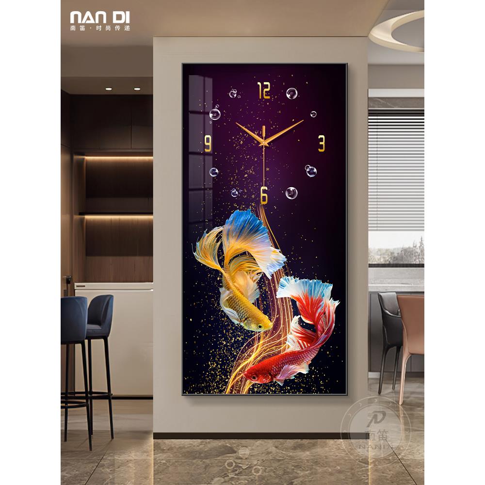 轻奢孔雀鱼玄关装饰画钟表挂钟客厅现代简约大气艺术时钟挂墙高级