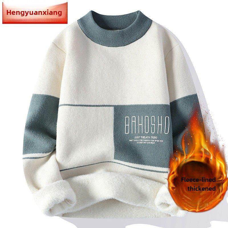 恒源祥丝绒加厚毛衣2024年冬季青年学生男款帅气针织底裤羊毛衫