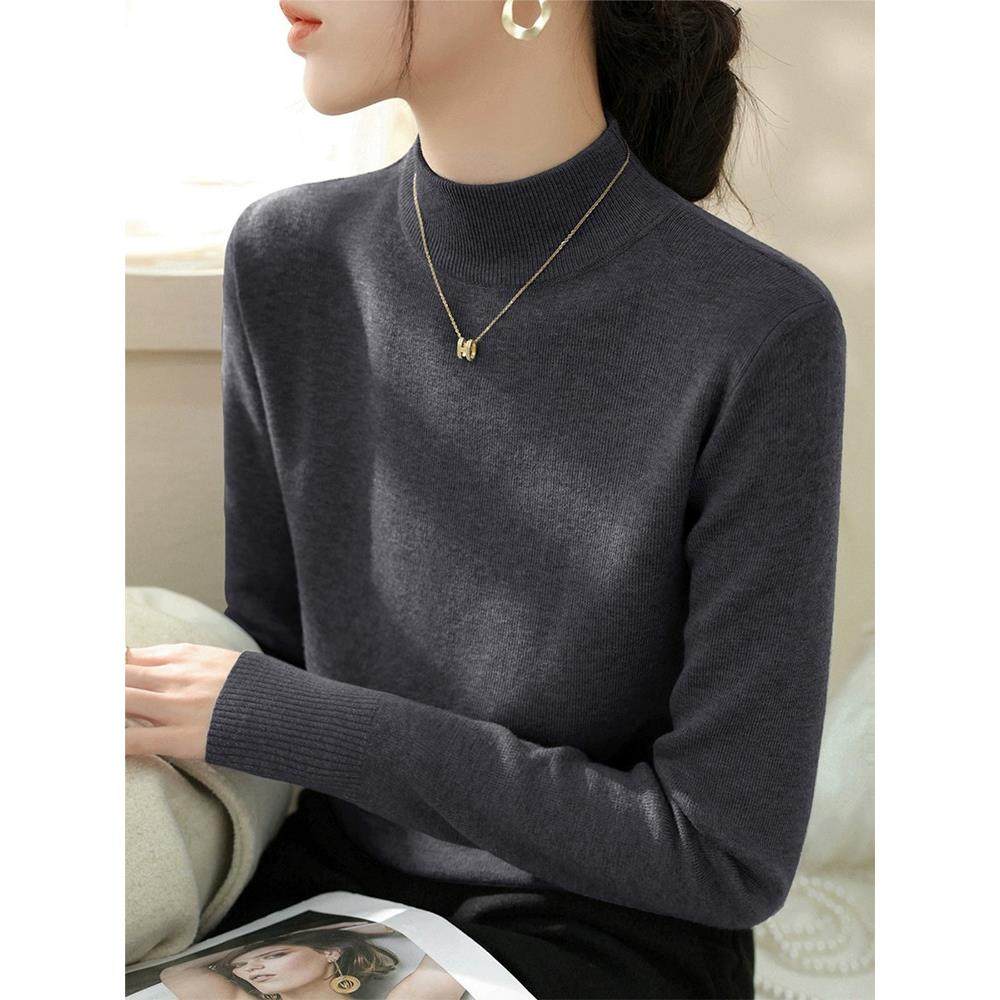 深灰色半高领针织衫女秋冬修身毛衣洋气高级感内搭套头打底衫上衣,运动/瑜伽/健身/球迷用品,瑜伽t恤,淘宝优惠券,粉丝福利购,淘宝优惠卷