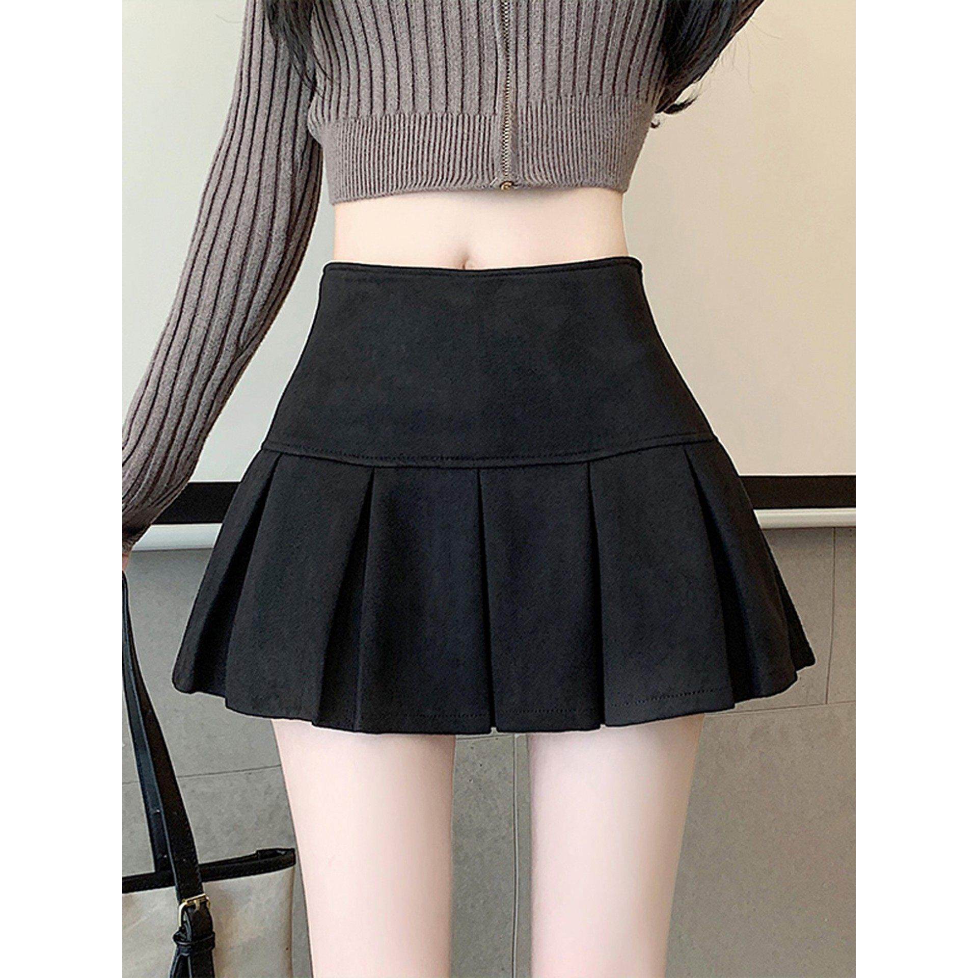 黑色彷鹿皮绒百褶半身裙秋冬高腰显瘦小皮裙休闲防走光a字短裙裤,运动/瑜伽/健身/球迷用品,瑜伽t恤,淘宝优惠券,粉丝福利购,淘宝优惠卷