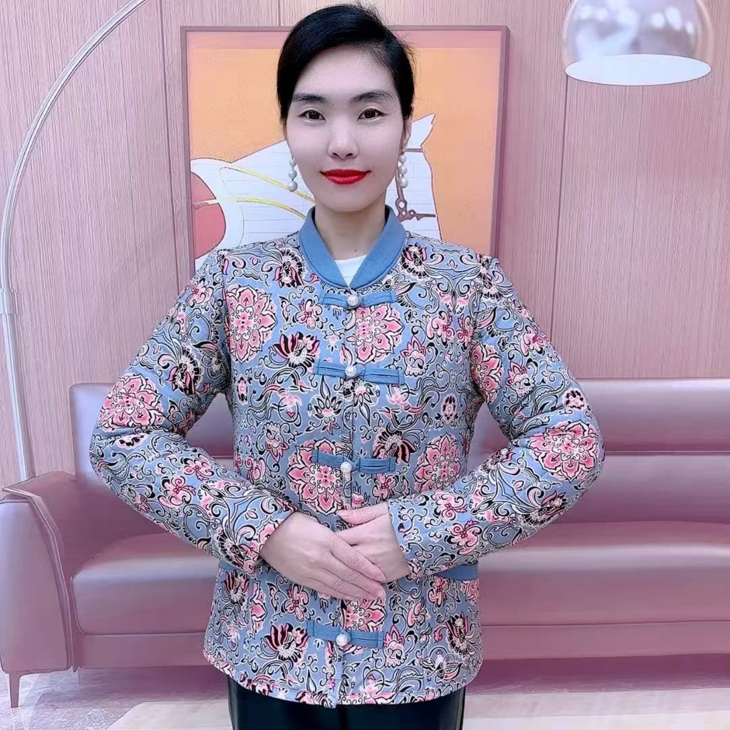 中老年棉服妈妈保暖棉衣印花立领
