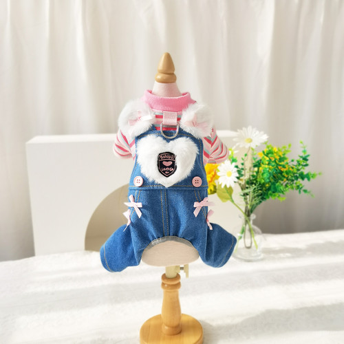狗狗衣服春秋装甜心学妹毛绒牛仔背带裤四脚衣牵引小型犬泰迪宠物