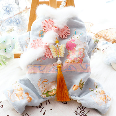 狗狗衣服秋冬装厚款四脚唐装蝴蝶流苏毛领牵引小型犬泰迪宠物比熊