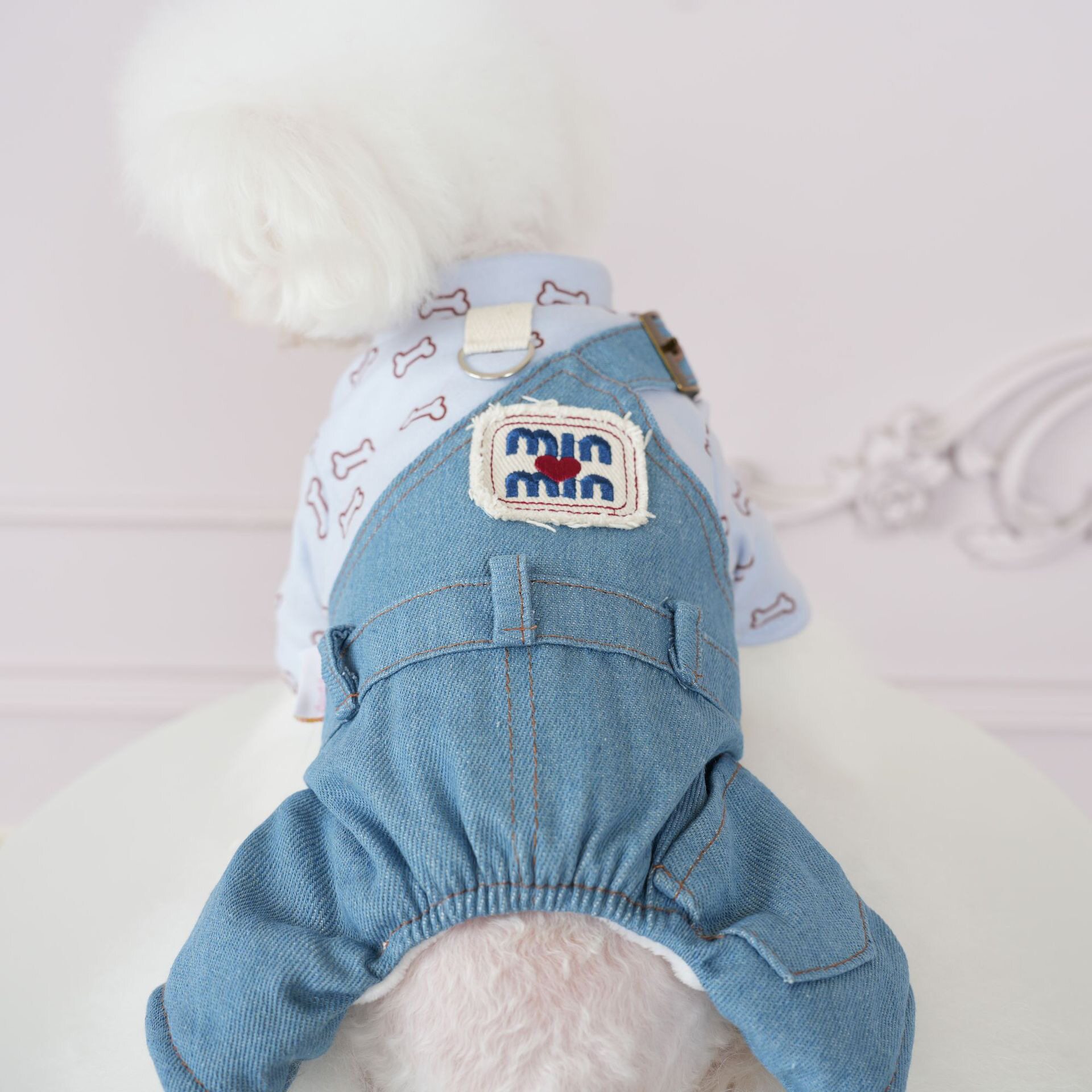 狗狗衣服秋冬装厚款四脚背带牛仔棉衣小型犬泰迪宠物比熊亲子情侣