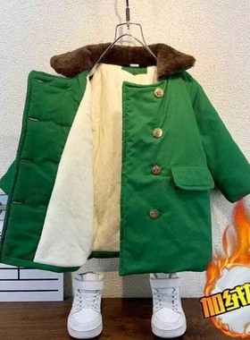 男女同款儿童军绿色大衣加棉加厚保暖中长款军复古外套老式棉衣潮