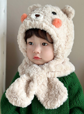 宝宝帽子围巾一体帽冬款加厚男女童婴儿毛绒帽男孩围脖护耳帽儿童