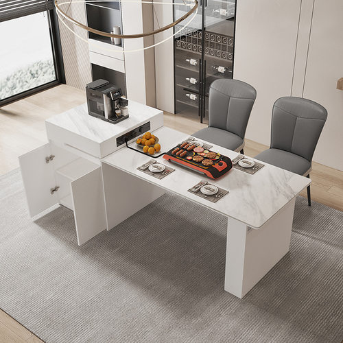 伸缩岩板实木餐桌带可移动插座岛台一体桌岛台岛台收纳现代简约