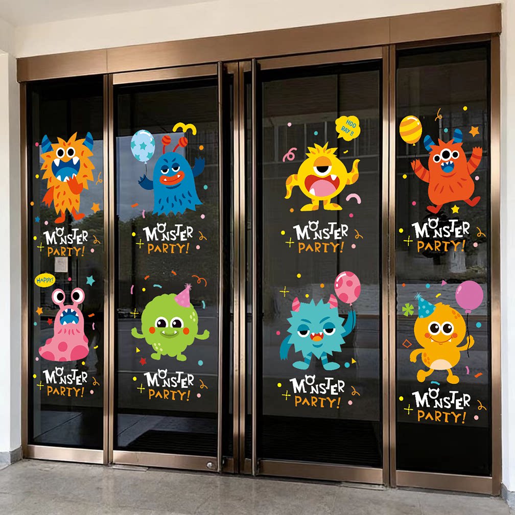 卡通怪物学院玻璃门橱窗静电贴纸商场店铺活动创意氛围装饰布置贴