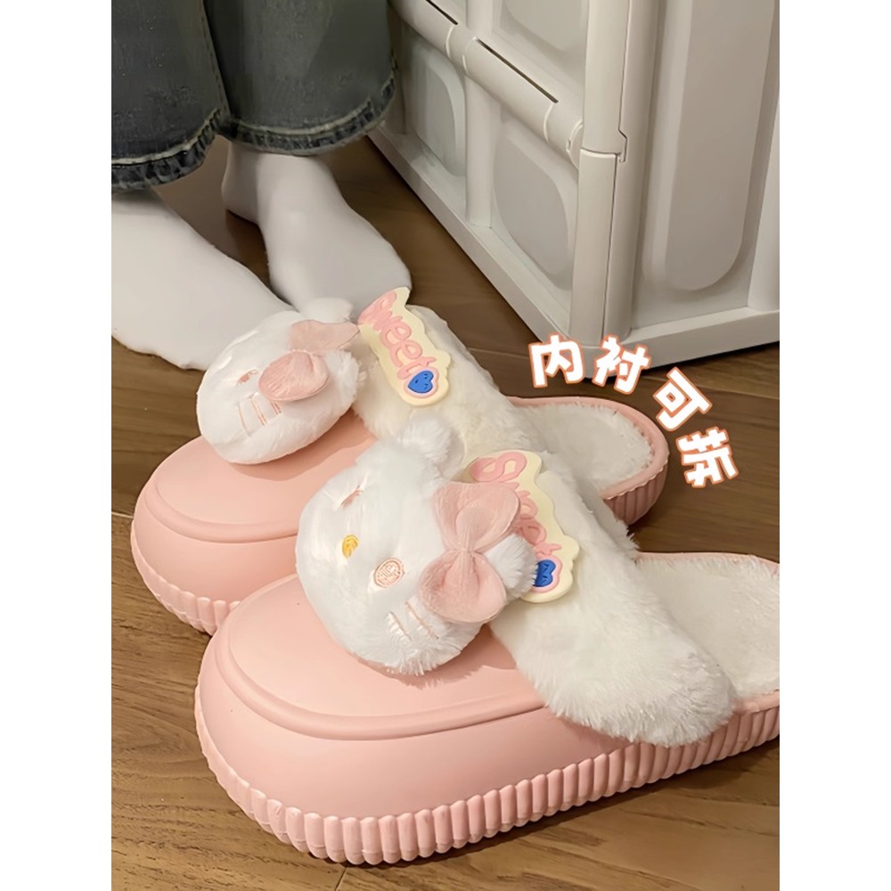 可拆卸kt棉拖女室内家居加绒保暖冬季拖鞋外穿防水可爱厚软底防滑
