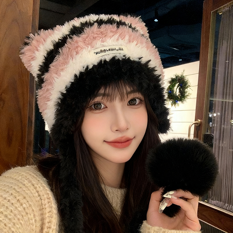 猫耳朵包包毛绒帽子女秋冬季一帽两用手工编织条纹保暖针织雷锋帽