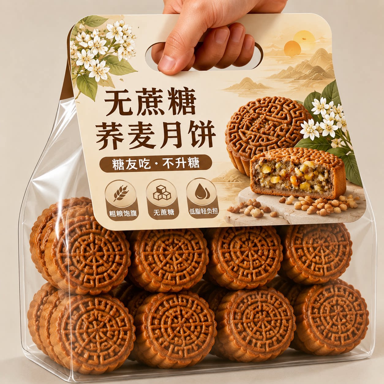 荞麦月饼无蔗糖多味黑芝麻五仁月饼无蔗糖中秋老式粗粮木糖醇礼盒