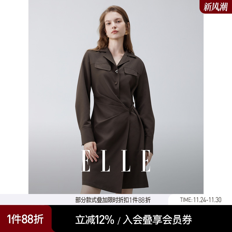 ELLE法式设计感翻领衬衫连衣裙女