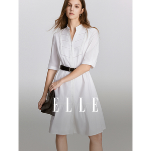 ELLE白色结构感镂空花边连衣裙女2024夏季新款收腰系带显瘦裙子