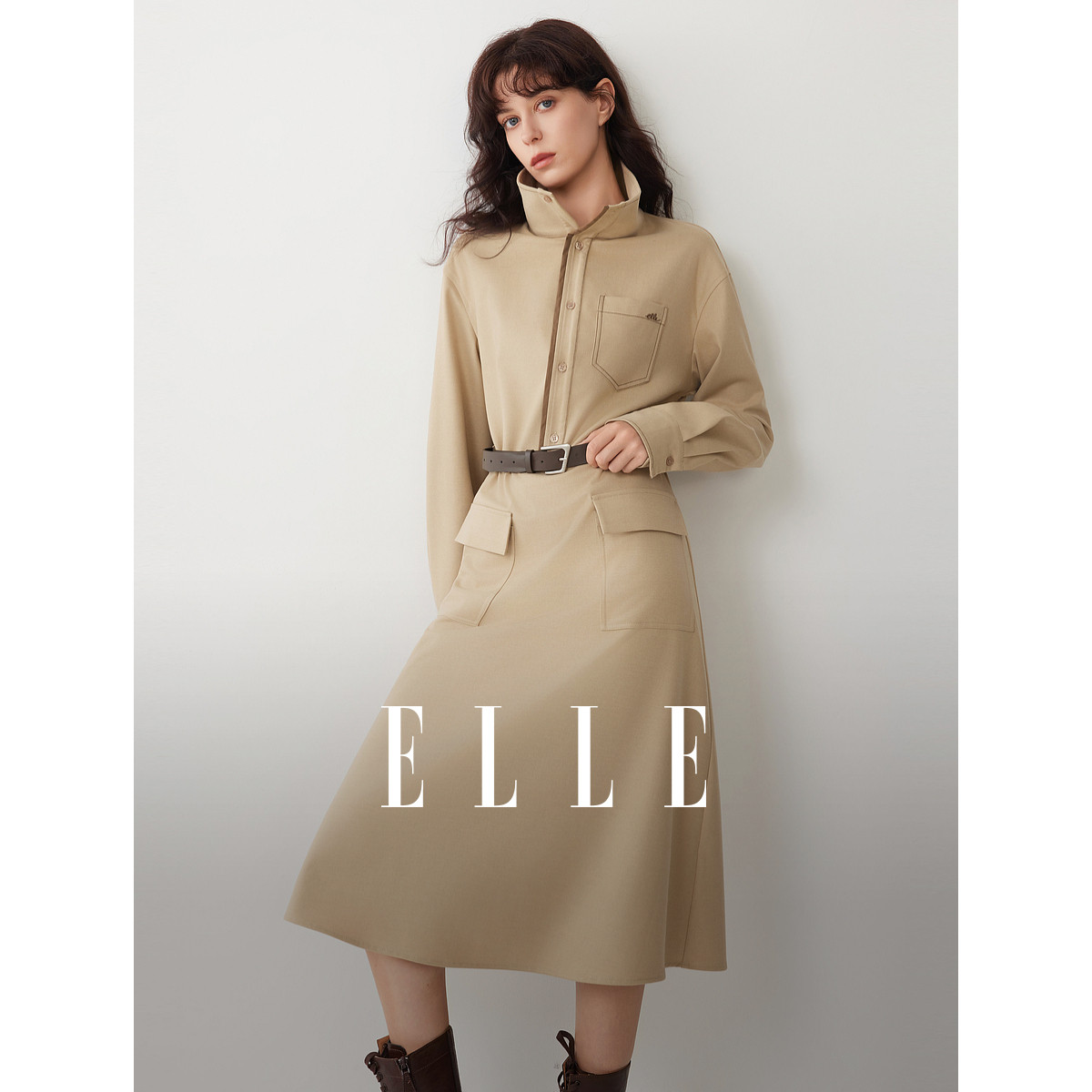 ELLE卡其色高级感衬衫式连衣裙女2025冬季新款设计感休闲通勤