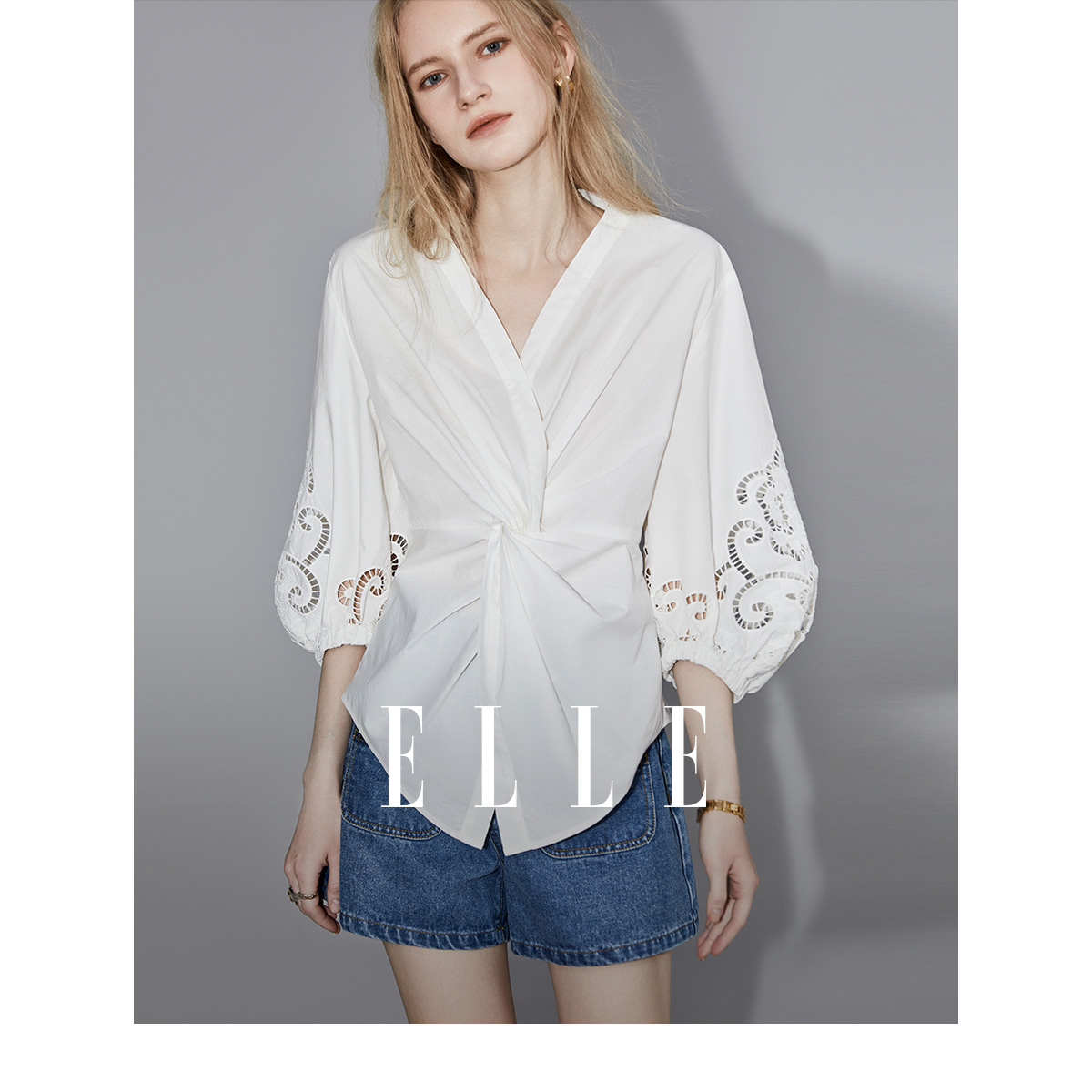 ELLE白色法式V领长袖设计感衬衫女2024夏季新款薄款显瘦时尚上衣