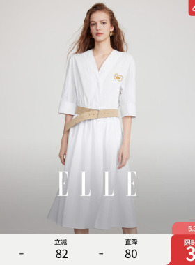 【商场同款】ELLE白色优雅V领连衣裙女2026春季新款收腰气质a字裙