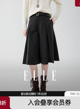 ELLE灰色格雷系设计感休闲裙裤女2025冬季新款腰带时髦阔腿中裤子