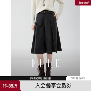 腰带时髦阔腿中裤 新款 子 女2025冬季 ELLE灰色格雷系设计感休闲裙裤