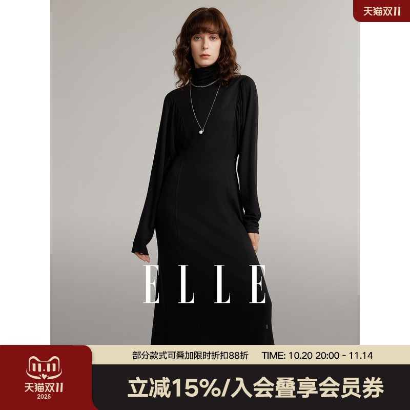 黑色兔毛高领长袖连衣裙ELLE