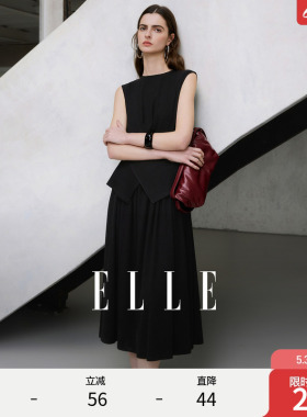 ELLE黑色通勤风假两件无袖连衣裙女2026春新款高级感收腰显瘦裙子