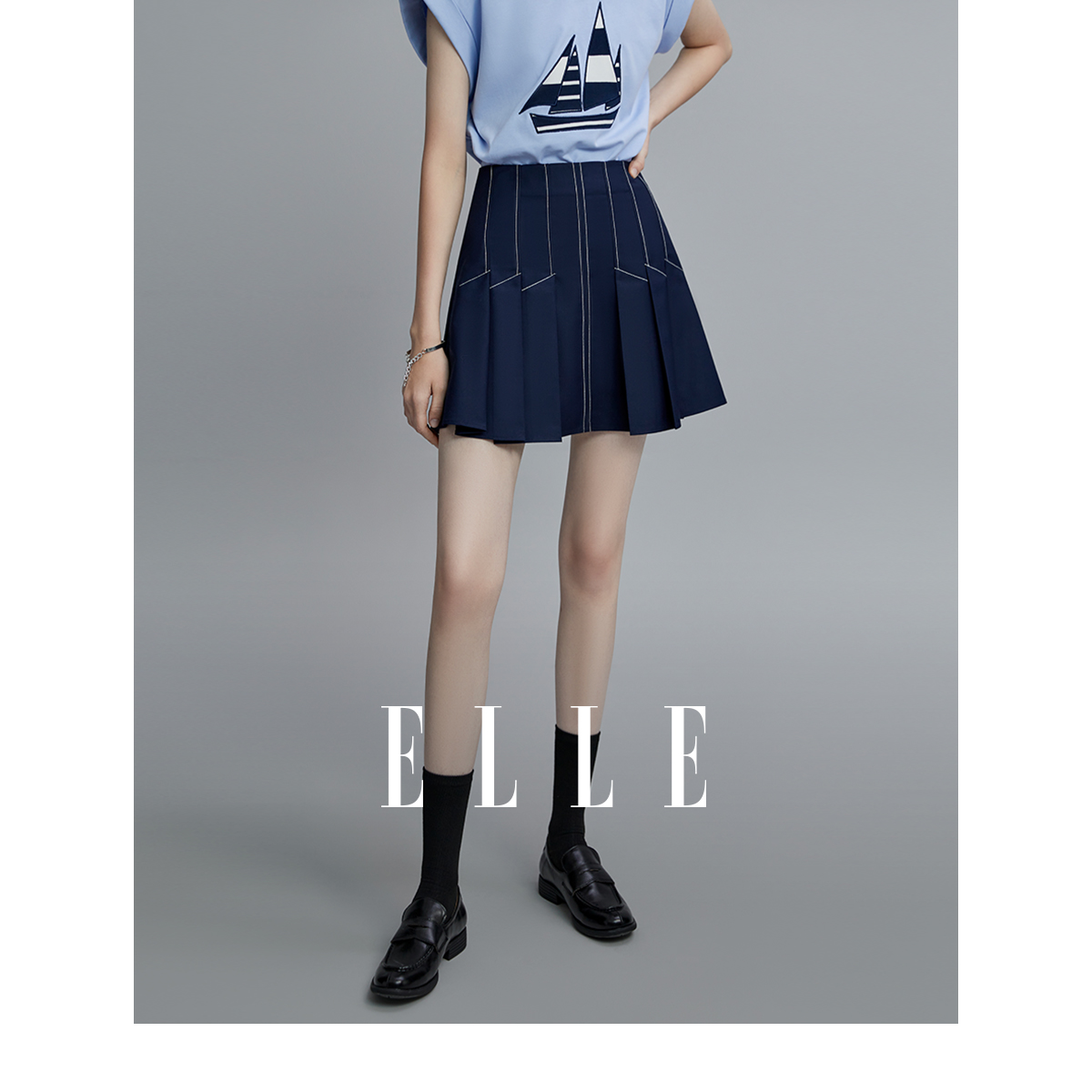 ELLE设计感百褶高腰A字半身裙女2025夏装新款小个子气质显瘦短裙