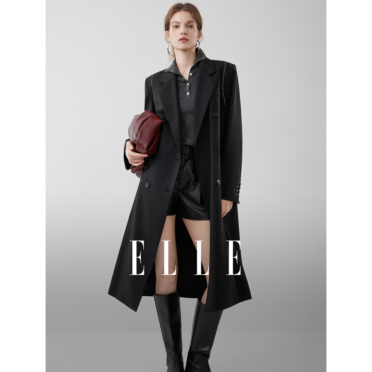 ELLE法式撞色廓形长款西装外套