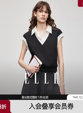 ELLE摩登设计感假两件拼接短袖女2025夏季新款优雅时尚学院风T恤