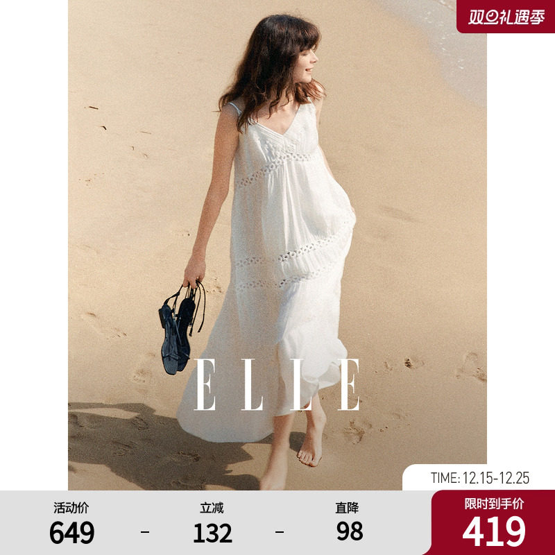 【浅白月光】ELLE白色拼接花边吊带连衣裙女2025夏新款海边沙