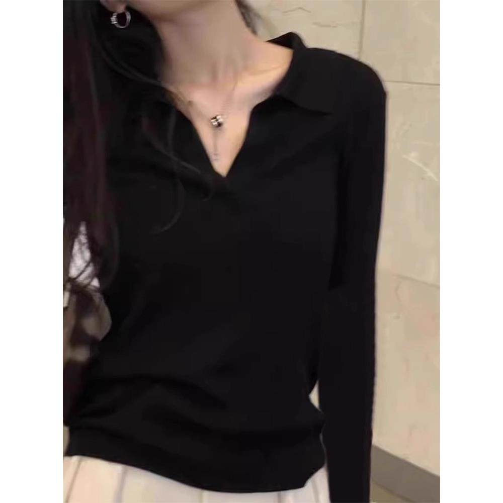 黑色V领针织长袖女式t恤春秋季新款修身内层衬衫时尚翻领Polo衫上,女装/女士精品,T恤,淘宝优惠券,粉丝福利购,淘宝优惠卷