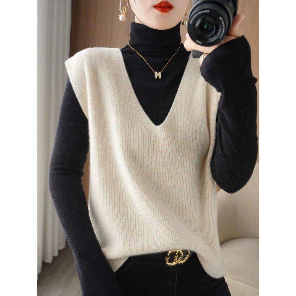 欧货气质简约V领针织马甲背心女秋冬配高领打底衫的毛衣马夹背心