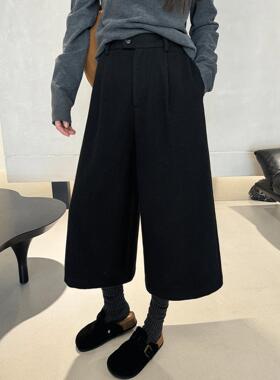 黑色加厚毛呢七分裤女秋冬季高腰显瘦中裤休闲加绒裤子八分西装裤