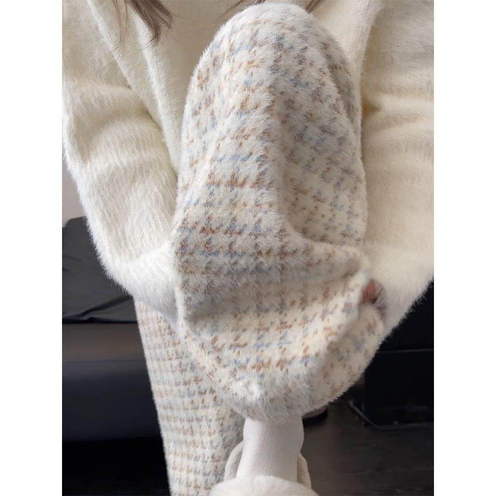 千鸟格白色阔腿裤女秋冬季新款绒绒裤糯米裤垂坠感慵懒加绒格子裤