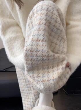 千鸟格白色阔腿裤女秋冬季新款绒绒裤糯米裤垂坠感慵懒加绒格子裤