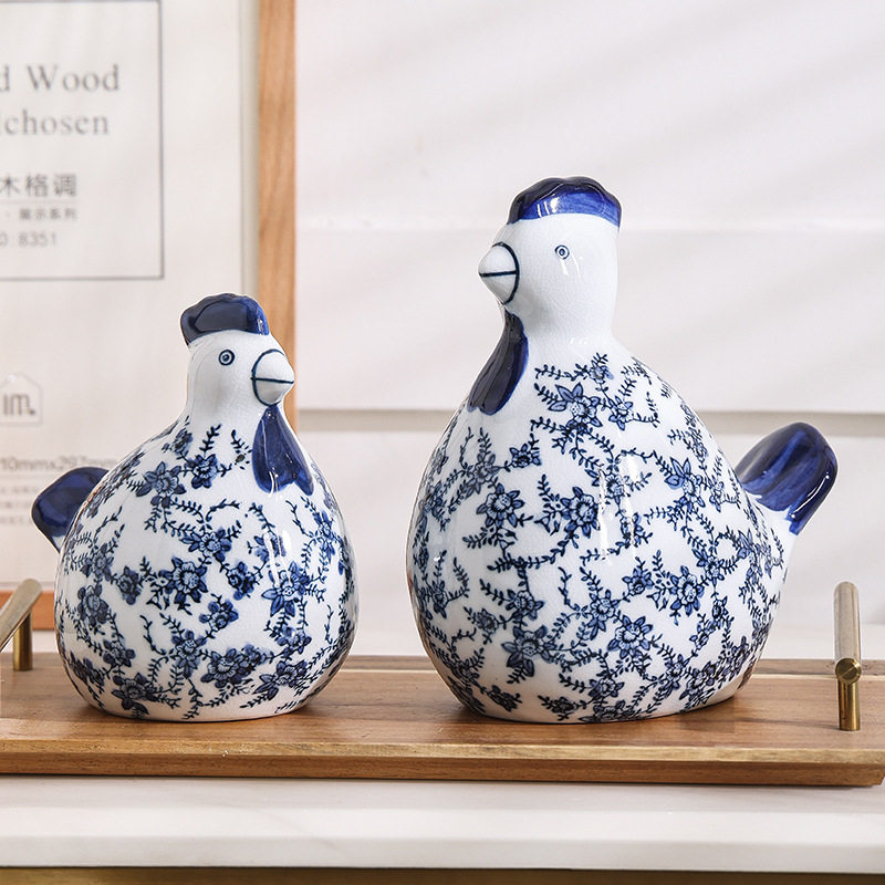 新品青花瓷陶瓷对鸡摆件客厅饰品陶瓷摆件吉祥鸡中式风可爱对鸡