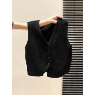 小个子短款针织马甲背心女秋冬韩国小众叠穿黑色小坎肩毛衣马夹