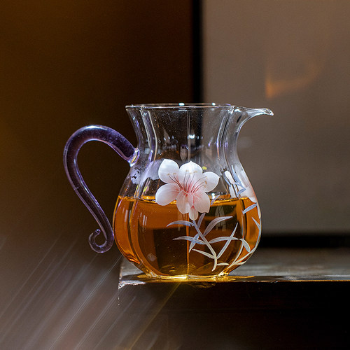 百合花高硼硅耐热玻璃公道杯300ml家用高档分茶器茶海可明火加热