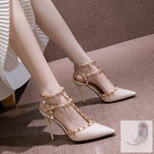 伪娘高跟鞋细跟大码41一43男娘攻速鞋名媛性感尖头气质铆钉凉鞋女
