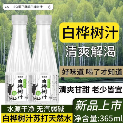 雪飘洋白桦树汁苏打天然水365ml*12瓶装整箱无蔗糖0卡0脂解渴饮料