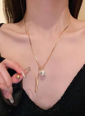 法式银色Y字珍珠锁骨链高级感