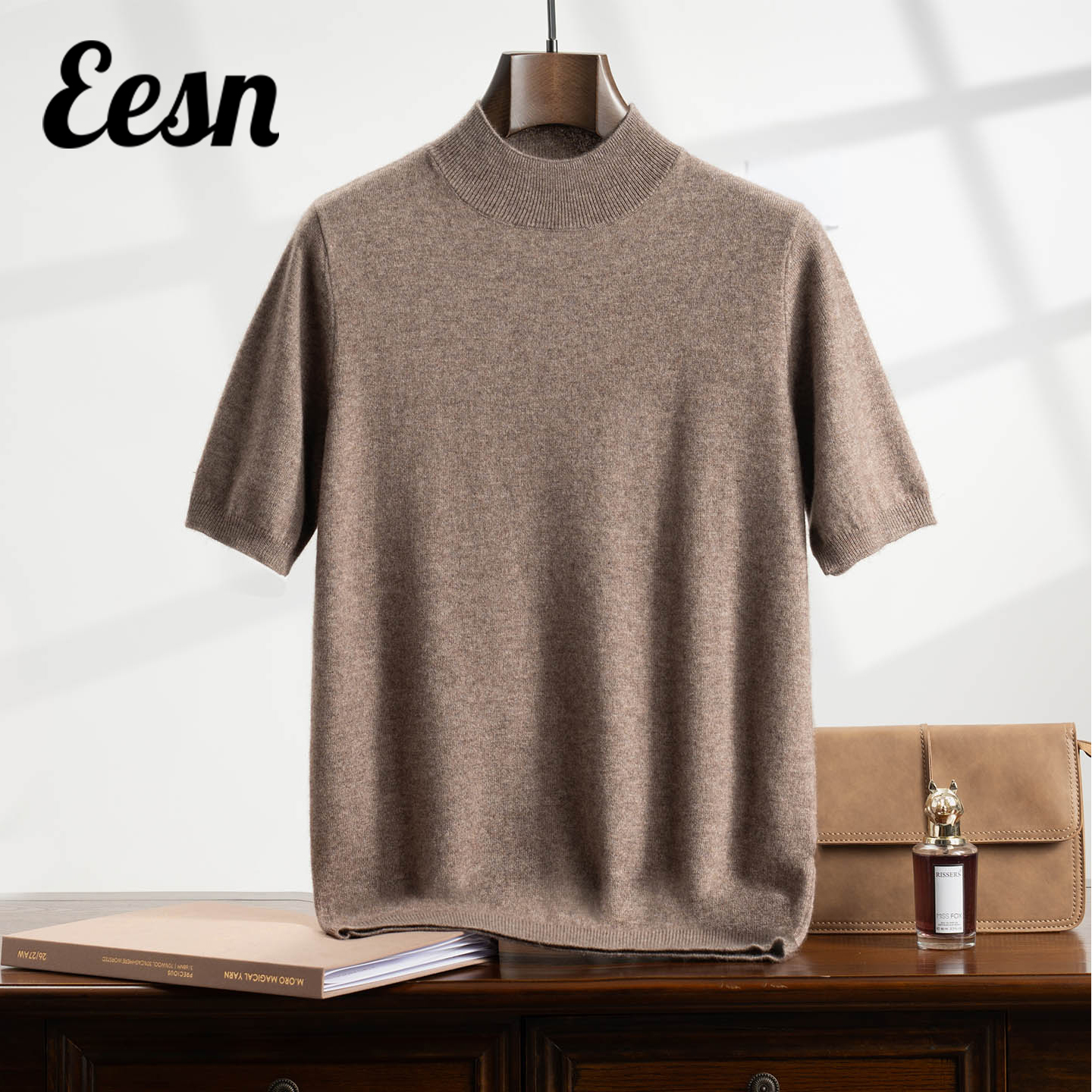 半高领简约内搭短袖羊绒衫毛衣男