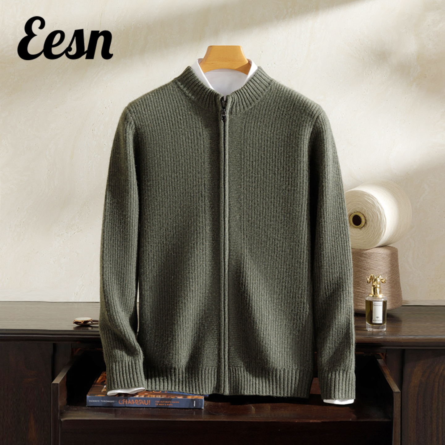 高端半高领拉链加厚100%羊绒开衫