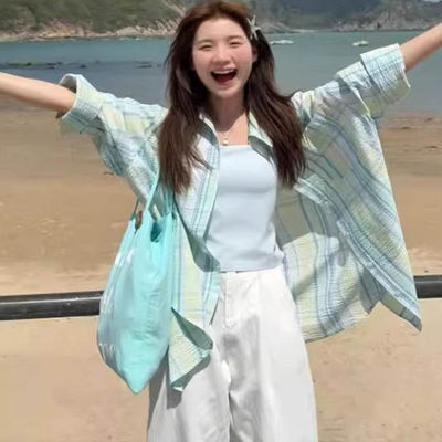 薄荷绿格子外搭防晒衬衫薄款外套女款2025夏季法式温柔氛围感衬衣