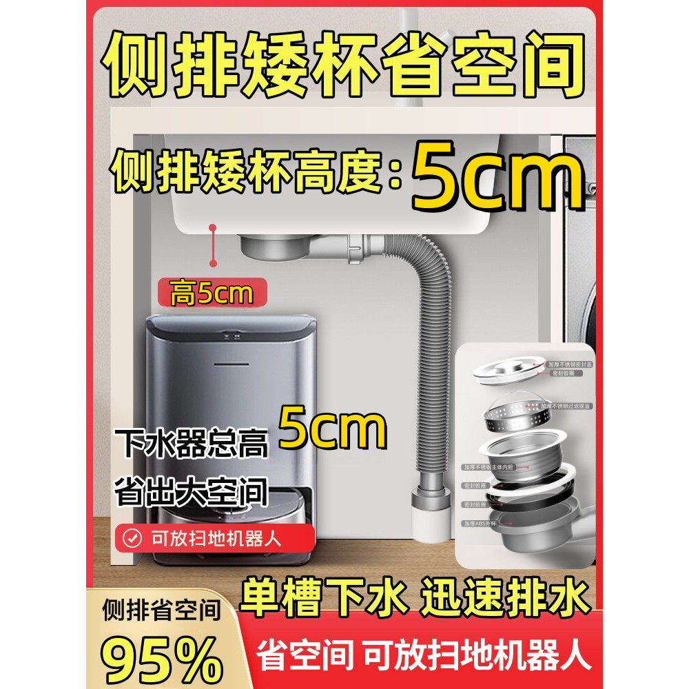陶瓷盆洗衣盆水槽超薄下水器省空间下水管侧排排水管阳台厨房单槽